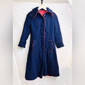 SOLD Vintage navy blue and red button up collared long wool princess pea coat